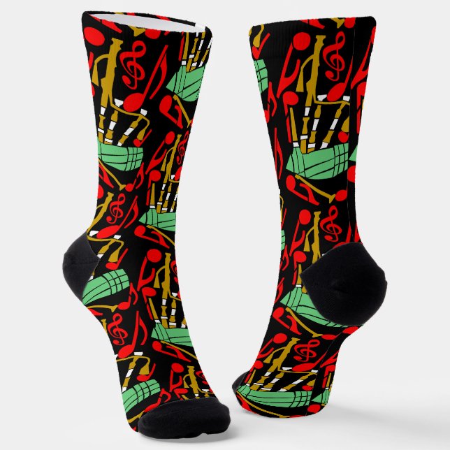 Bagpipes Red Music Notes Socks (Angled)