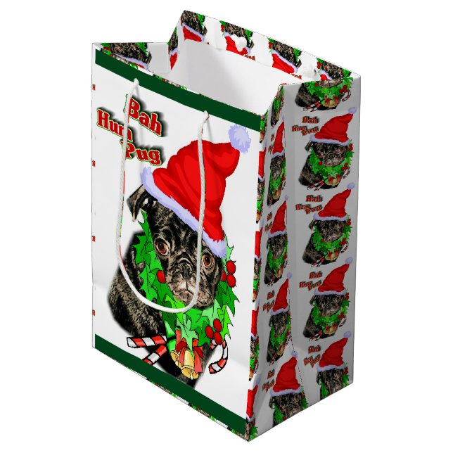 Bah Hum Pug Christmas Medium Gift Bag (Front Angled)