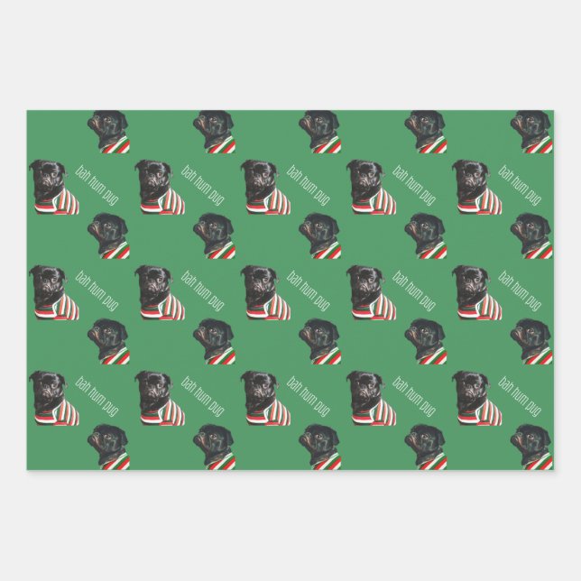 Bah Hum Pug Christmas Wrapping Paper - 3 Sheets (Front)