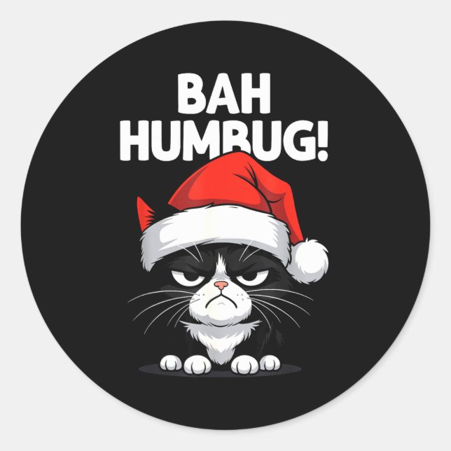 Bah Humbug Funny Bad Cat Christmas Hater Cat Lover Classic Round Sticker (Front)