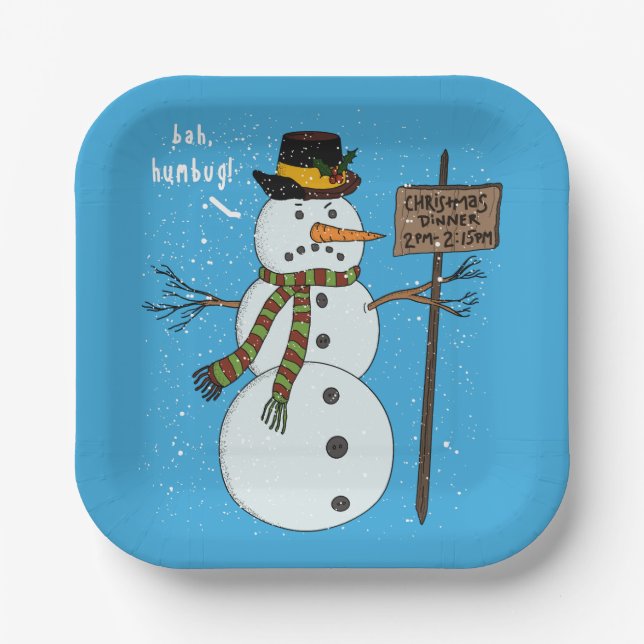 Bah Humbug Grumpy Christmas Snowman Introvert Paper Plate (Front)
