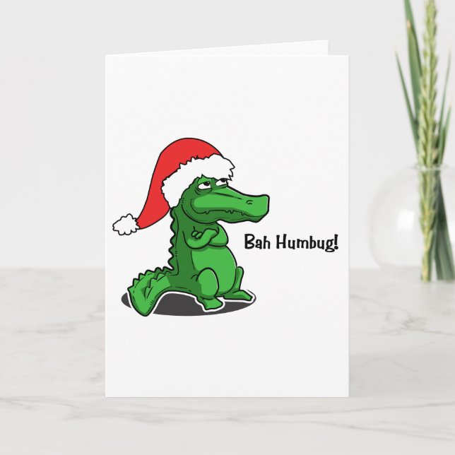 Bah Humbug! Smug cartoon alligator with Santa Hat Holiday Card (Front)