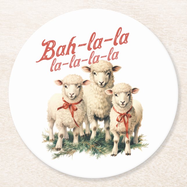 Bah La La Cute Retro Christmas Sheep Round Paper Coaster (Front)