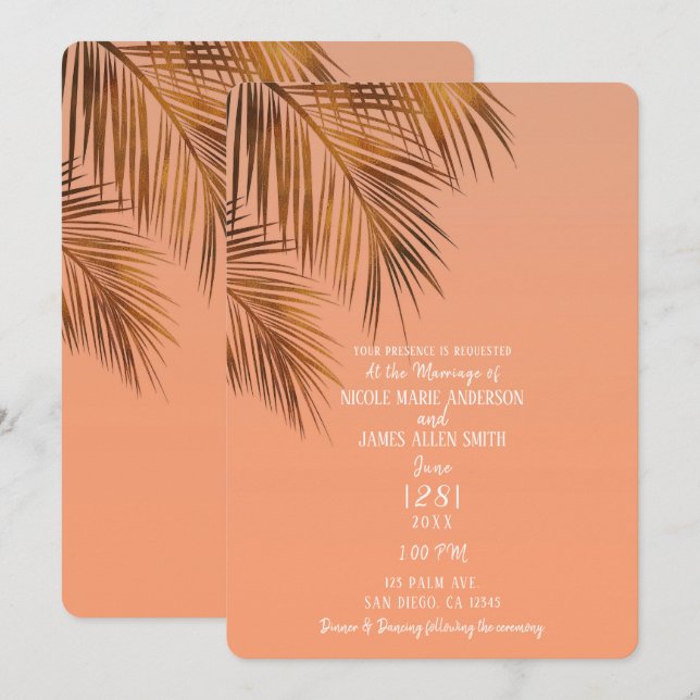 Bahama Breeze Bronze Palm Coral Peach Wedding Invitation (Front/Back)