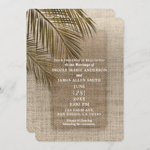 Bahama Breeze Bronze Palm Rustic Burlap Wedding Invitation