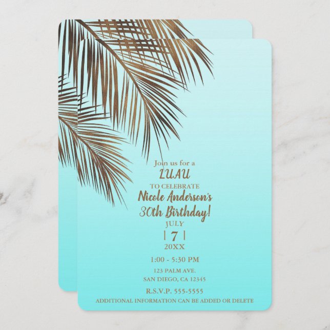 Bahama Breeze Copper Palm Aqua Blue Birthday Party Invitation (Front/Back)