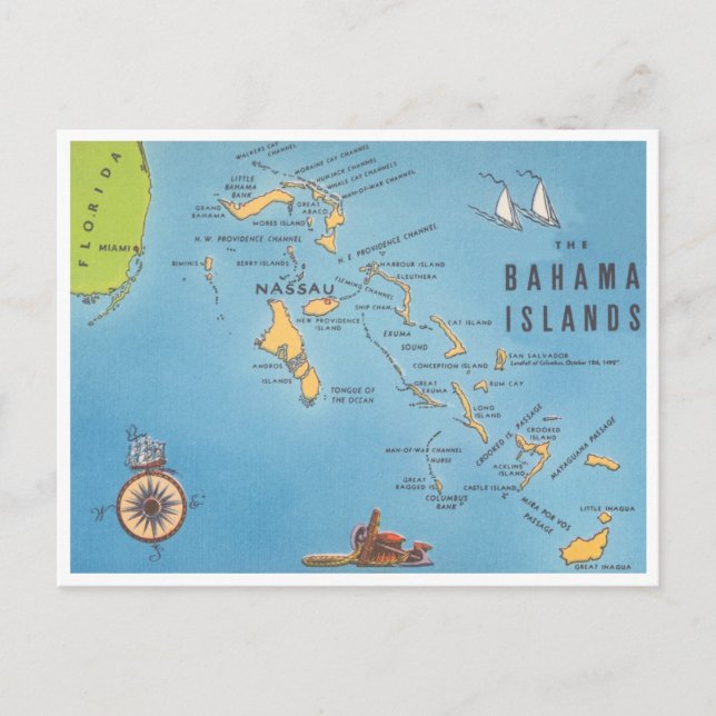 Bahama Islands Vintage Tourism Map Postcard (Front)