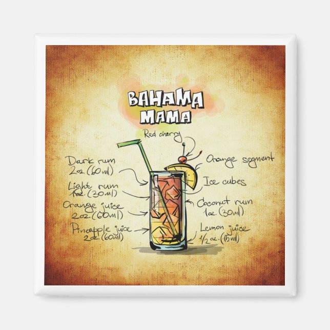 Bahama Mama Cocktail Recipe Magnet (Front)