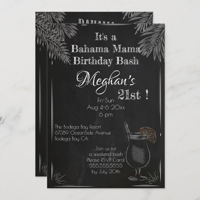 Bahama Mama Vintage Chalk 21st Birthday Bash Invitation (Front/Back)