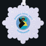 Bahaman Flag Black Angel Personalised Tree Decoration Card<br><div class="desc">On these personalised paper ornament cards, a Black angel wears the flag of Bahama and flies in the centre of a digitally created, textured, blue, fractal circle. The primary colours in this design are blue and white, chosen with Hanukkah in mind. Blue letters read BAHAMAN ANGEL and make a space...</div>