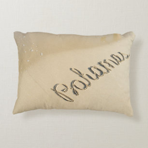 Bahamas carved sign on the beach sand decorative cushion