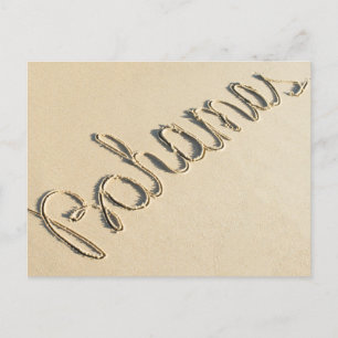 Bahamas carved sign on the beach sand postcard