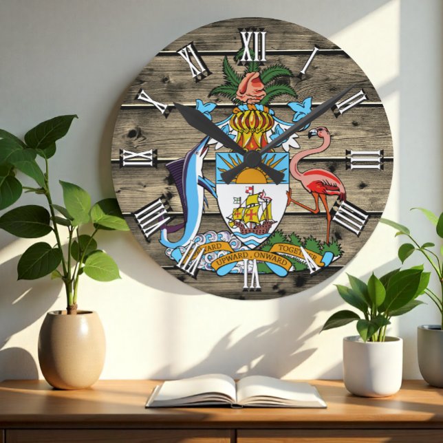 Bahamas Clock, Rustic wood, Bahamas flag Round Clock (Creator Uploaded)