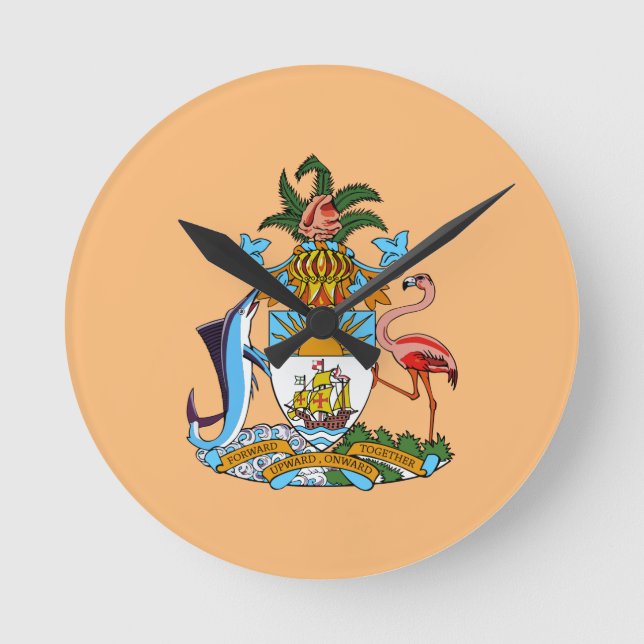 Bahamas Coat of Arms - Marlin, Flamingo, Conch Round Clock (Front)