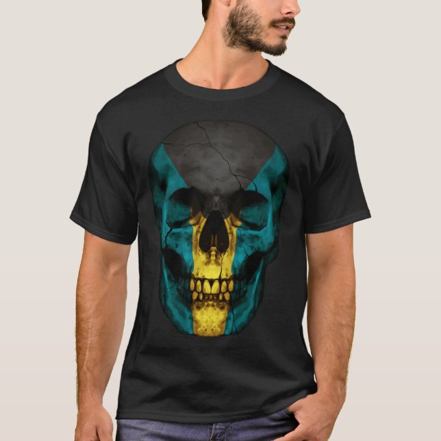 Bahamas Flag Skull Bahamian Roots Proud Patriotic T-Shirt (Front)