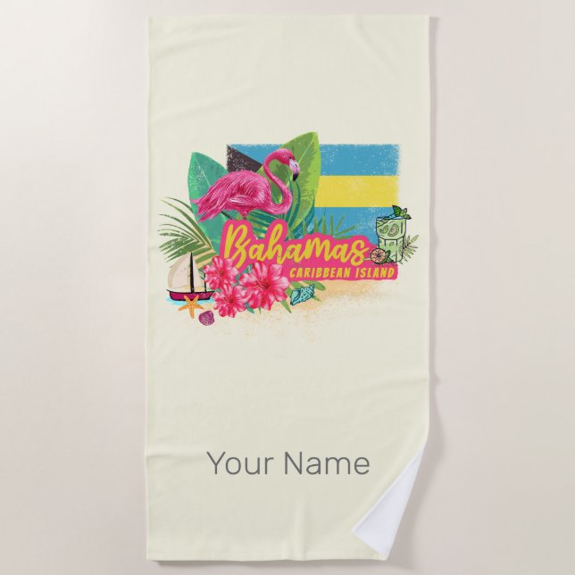 Bahamas retro caribbean island flamingo vintage beach towel (Front)
