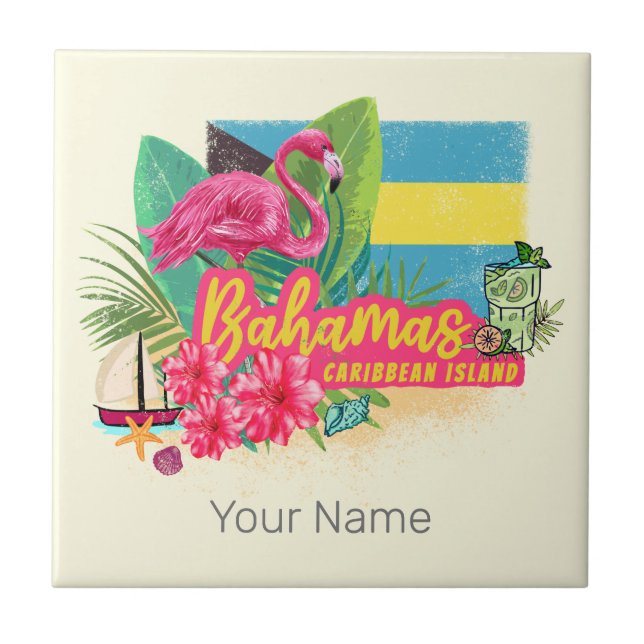 Bahamas retro caribbean island flamingo vintage ceramic tile (Front)