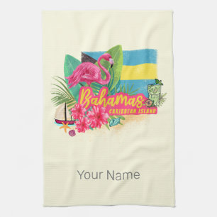 Bahamas retro caribbean island flamingo vintage tea towel