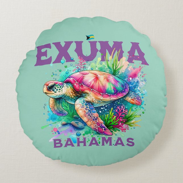 Bahamas Souvenir Gift : Exuma Bahamas Sea Turtle Round Cushion (Front)