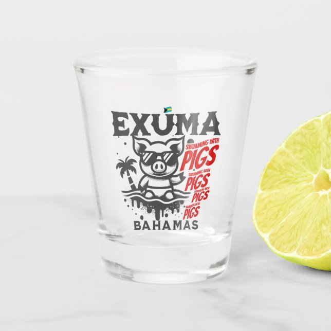 Bahamas Souvenir Gift: Exuma Bahamas Swimming Pigs Shot Glass (Front)