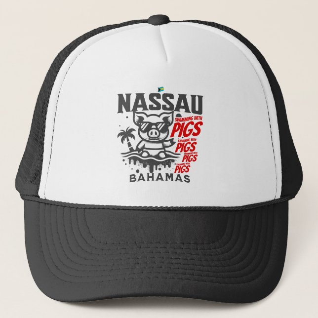 Bahamas Souvenir Gift: Nassau Bahamas Swimming Pig Trucker Hat (Front)
