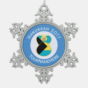 Bahamian Blonde Angel Hanukkah Flag Personalised  Snowflake Pewter Christmas Ornament