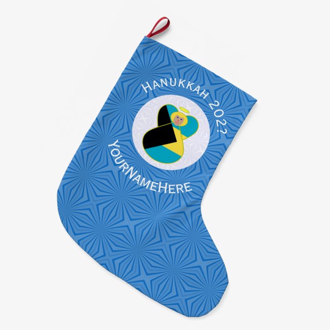 Bahamian Flag Angel Hanukkah Blonde Large Christmas Stocking (Front (Hanging))