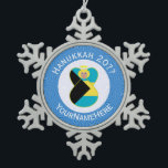 Bahamian Flag Blonde Angel Hanukkah Personalised  Snowflake Pewter Christmas Ornament<br><div class="desc">Blonde haired angel dressed in the flag of the Bahamas flies Inside of a white circle of squiggly squares on this pewter snowflake ornament. The background is blue squiggly squares. The white and blue colours were chosen to represent Hanukkah. Design created for families of multiple religions. Add a name to...</div>