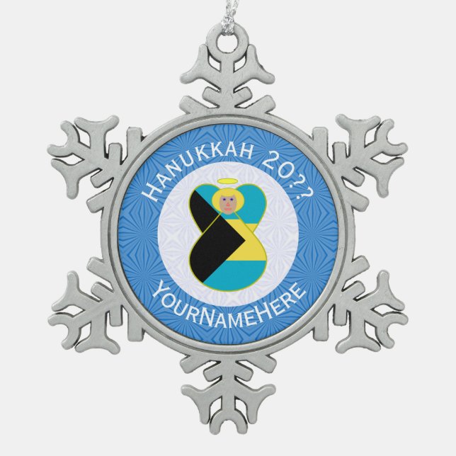 Bahamian Flag Blonde Angel Hanukkah Personalised  Snowflake Pewter Christmas Ornament (Front)