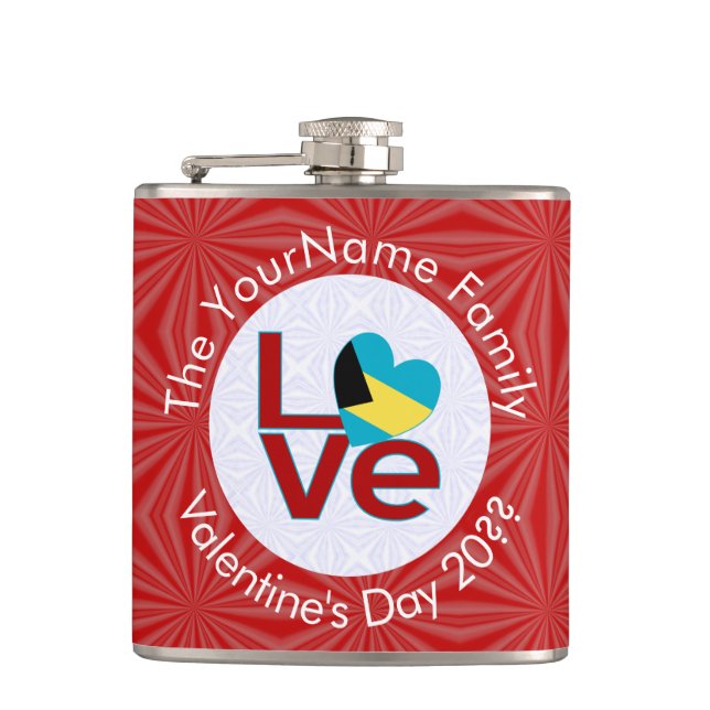 Bahamian Flag Red Letter LOVE Flag Personalised  Hip Flask (Front)