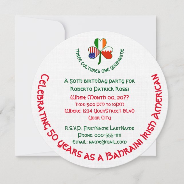 Bahraini Irish USA Shamrock Personalised Birthday Invitation (Front)