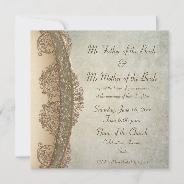 Baige vintage damask fine wedding invitations (Front)