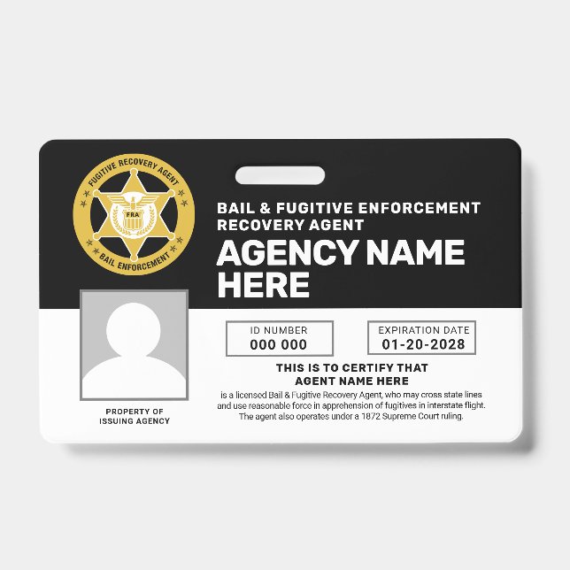 BAIL & FUGITIVE RECOVERY AGENT BADGE  ID BADGE (Front)