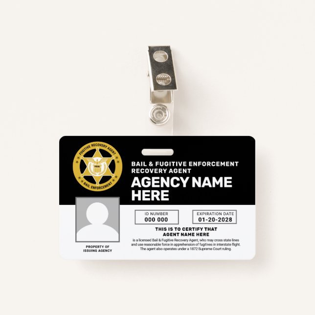 BAIL & FUGITIVE RECOVERY AGENT BADGE  ID BADGE (Front with Clip)