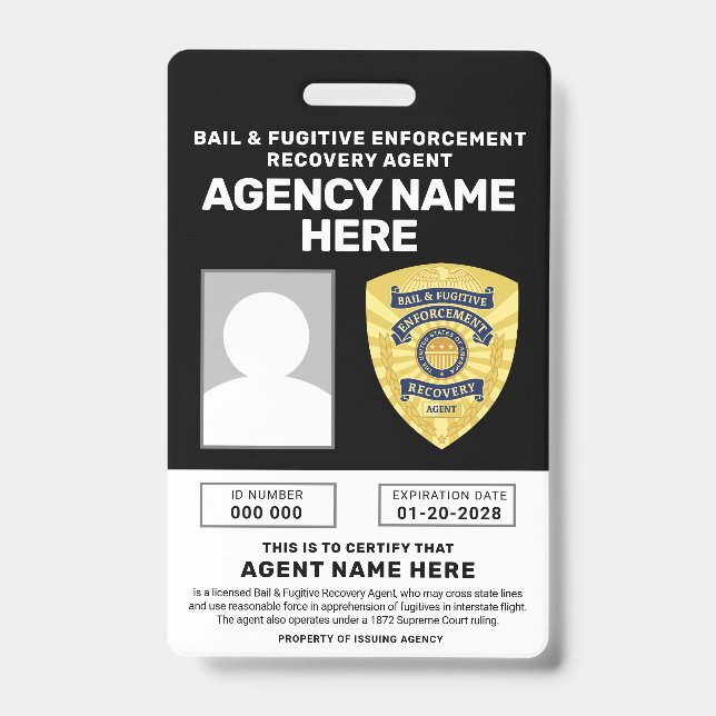 BAIL & FUGITIVE RECOVERY AGENT BADGE  ID BADGE (Front)
