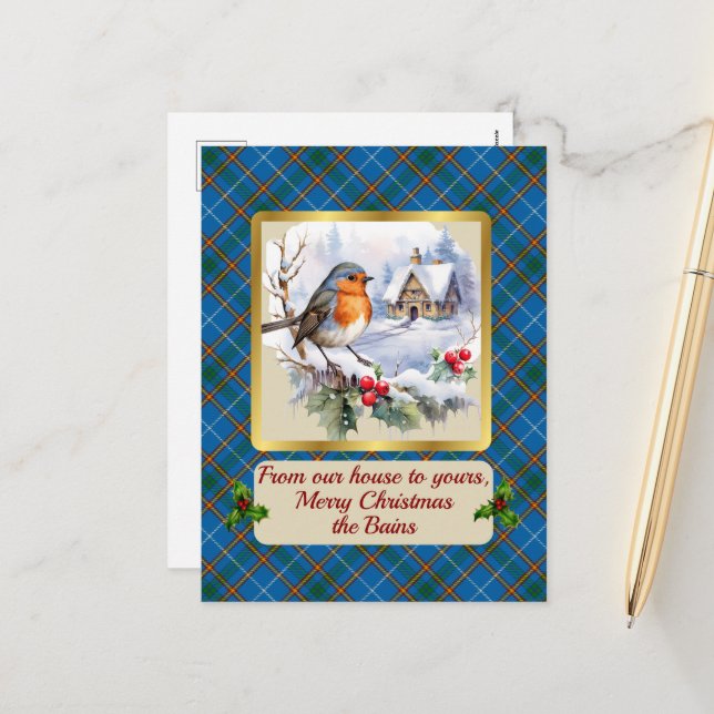 Bain Crest & Tartan w/Robin Personalised  Holiday Postcard (Front/Back In Situ)
