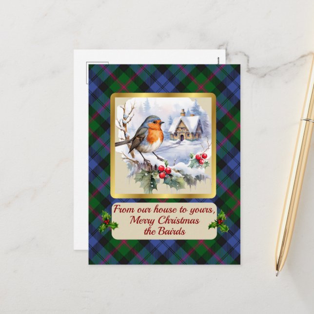 Baird Crest & Tartan w/Robin Personalised  Holiday Postcard (Front/Back In Situ)