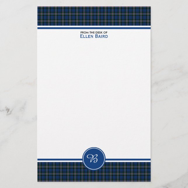 Baird Family Tartan Blue and Green Plaid Monogram Stationery (Front)