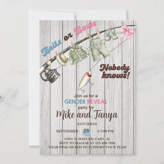 Baits or Bows gender reveal invitation. Invitation (Front)