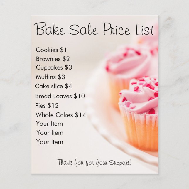Bake Sale Price List Pink Cupcakes Flyer (Front)