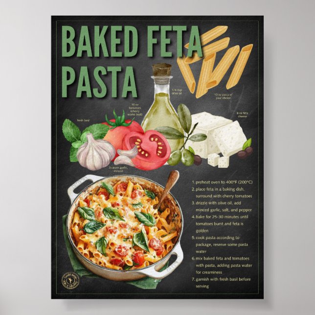 Baked Feta Pasta Recipe Chalkboard Print (Front)