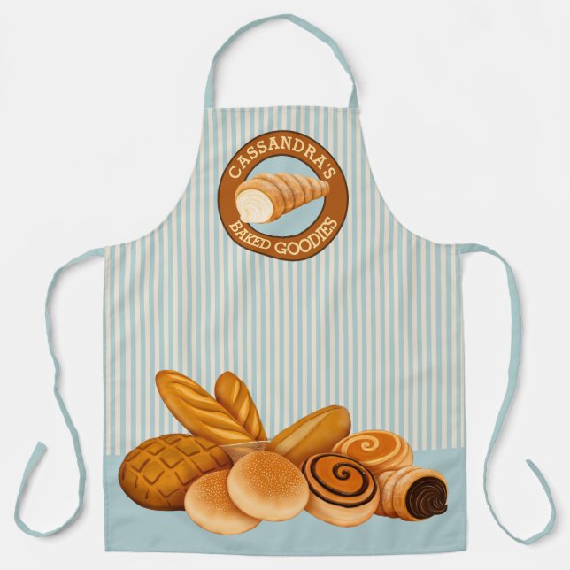 Baked Goodies Pastry Bread Baker Logo Blue Stripes Apron (Front)