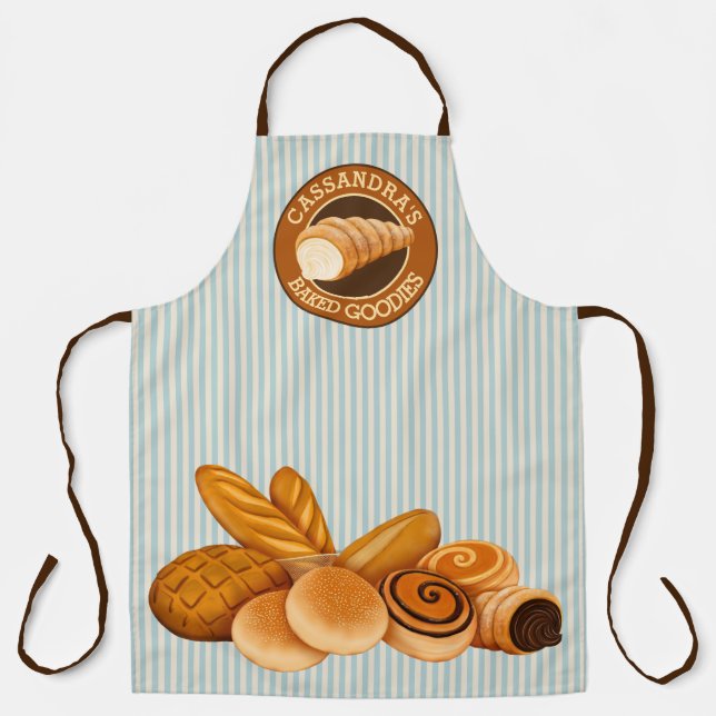 Baked Goodies Pastry Bread Baker Logo Blue Stripes Apron (Front)