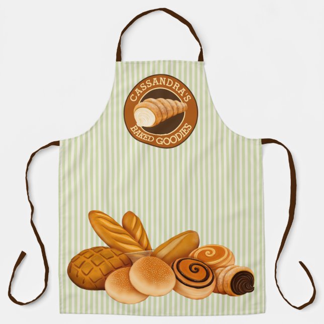 Baked Goodies Pastry Bread Baker Logo Green Stripe Apron (Front)