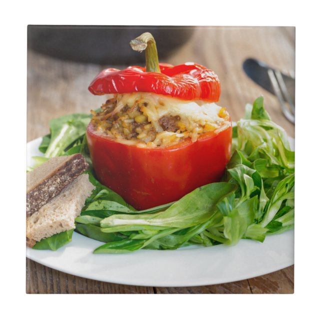 Baked stuffed peppers with meat sauce and cheese ceramic tile (Front)