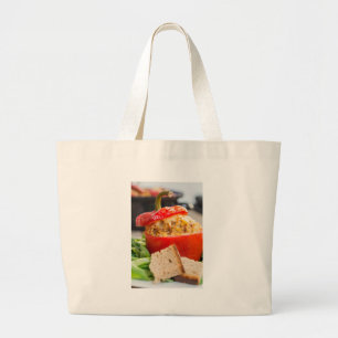 Baked stuffed peppers with meat sauce and cheese large tote bag