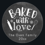 Baked with Love Chalkboard Holiday Modern Classic Round Sticker<br><div class="desc">A Baked With Love Holiday round sticker with a black and white,  whisk,  and snowflakes chalkboard design.</div>