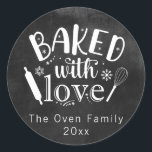 Baked with Love Chalkboard Holiday Modern Classic Round Sticker<br><div class="desc">A Baked With Love Holiday round sticker with a black and white,  whisk,  and snowflakes chalkboard design.</div>