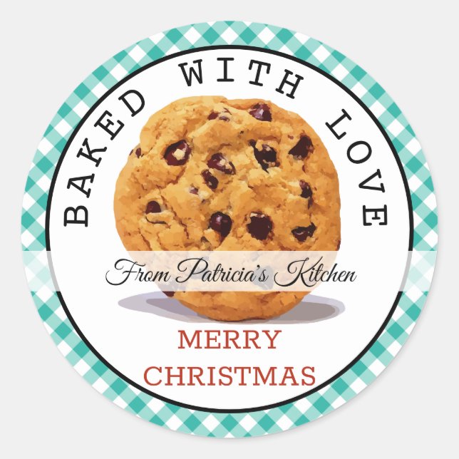 Baked With love Christmas Cookies Green Gingham Classic Round Sticker (Front)