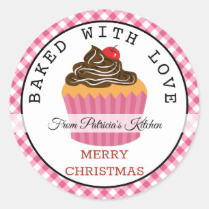 Baked With love Christmas Cupcakes Pink Gingham Classic Round Sticker